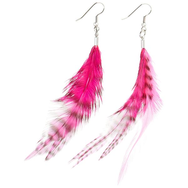 Mia Feather Earrings, Natural Feathers For Pierced Ears, Hypoallergenic, 5 Inches Long, Hot Pink