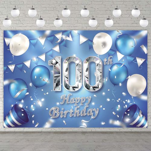 Happy 100th Birthday Banner Background Decorations Balloons Crystal Confetti Theme Decor for Men or Women Cheers to 100 Years Party Favors Supplies Blue Silver