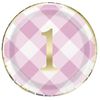 Pappteller - 23 cm - Rosa Gingham 1. Geburtstag - Packung mit 8 Stück