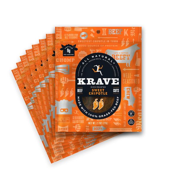 KRAVE All Natural Beef Jerky, Sweet Chipotle - Protein Packed Snacks Roasted for Maximum Flavor - 100% Grass Fed Beef - Gluten Free - 2.7 Ounce (Pack of 8)