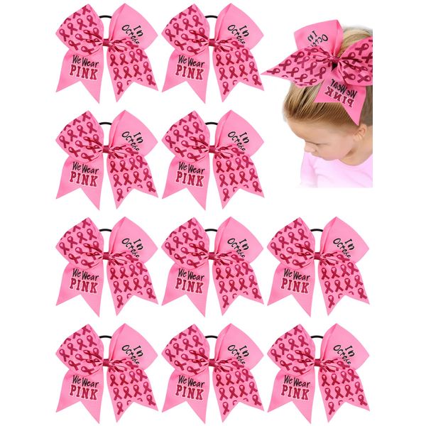 10pcs Breast Cancer Awareness Cheer Bows, 7 Inches Large Pink Ribbon Cheerleader Bow, Handmade Glitter Ponytail Holder Elastic Hair Tie Band Hair Accessories for Girls Women (Pink2)