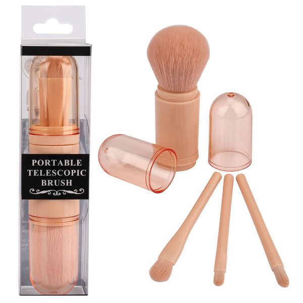 4 in 1 Retractable Makeup Brush Set Multifunctional Cosmetic Makeup Brushes Portable Facial Powder Eyeshadow Brushes for Travel (Pink)