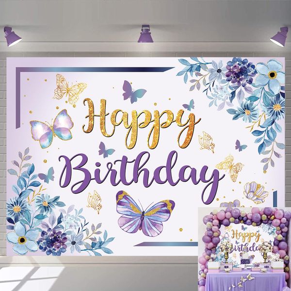 Butterfly Backdrop for Birthday Party Purple Butterfly Floral Photography Backdrop Princess Women Girl Sweet 16th 18th 21st 30th Birthday Baby Shower Cake Table Decor Backdround