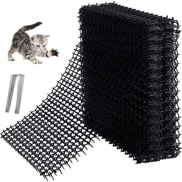 Yukiyi 12pcs 15.5 * 20cm Anti Cat Spikes Plastic Scat Mat with Repellent Mats Prickle Stirp Pet Deterrent Net 8 U-shaped Pegs for Garden, Fence