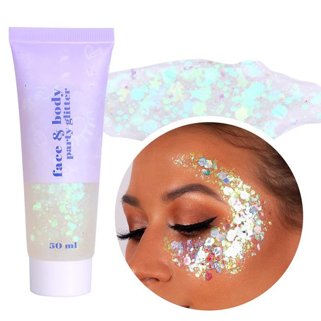 Body Glitter Gel,Chunky Glitter Gel,Festival Glitter,Glitzer Make up für Gesicht,Körper und Haare,für Gesicht Haare Lippen Festival Masquerade Birthday Makeup Long Lasting Sparkling,50 ml(06# Weiß)