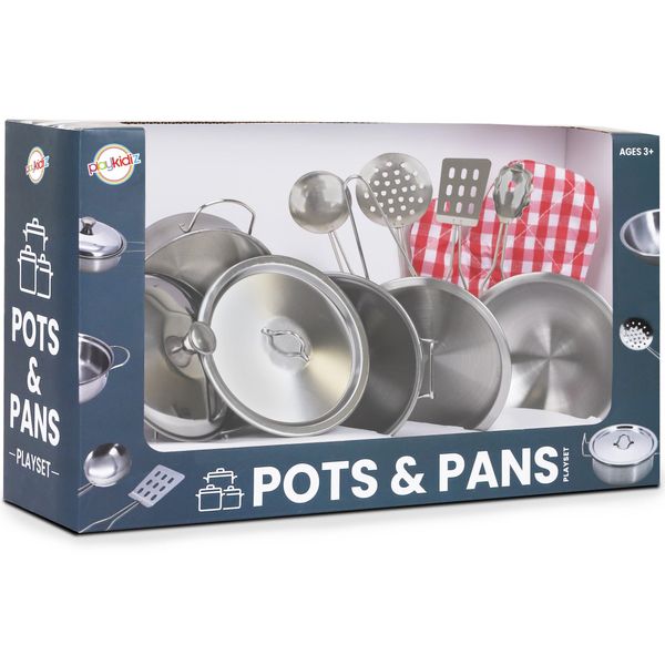 Playkidz Stainless Steel Pots and Pans - Toy Cookware 9 Piece Playset for Kids Pretend Play House - Great Birthday Gift for Girls