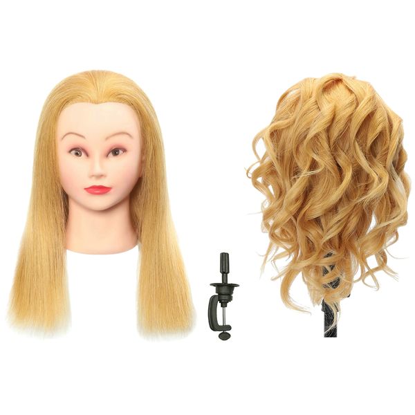 TIANYOUHAIR Blonde Real 100% Human Hair Mannequin Head Manikin Cosmetology Doll Training Head with Stand for Hairstylist Hairdresser Practice Braiding Styling Bleaching Dyeing Curling Cutting