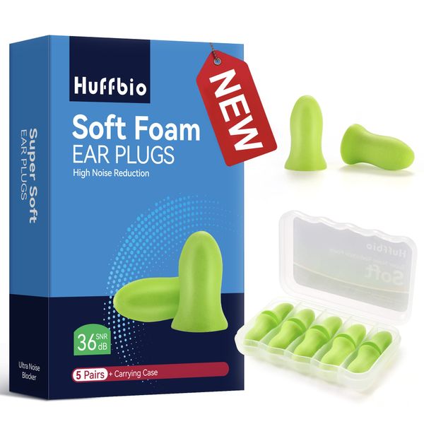 HUFFBIO Revolutionary Ear Plugs for Sleeping, Soft Foam, 5 Pairs,-36dB,2023 New Noise Cancelling Design, Super Soft & Reusable, Deep Sleep, Snoring Blocking, For Travel, Concert, Study, Work (Light Green)