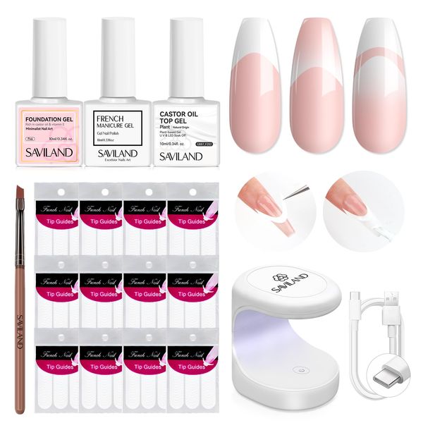 Saviland French Manicure Kit with Everything: French Nails Tool for Beginners French Tip Nail Stickers French Nail Brush White Gel Nail Polish Quick-Dry Gel Nail Lamp French Tips Guides for Nail Art