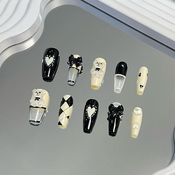 Press On Nails. Set of 10 PCS. Design - Tuxedo Bear. Long Length Coffin Shape. Size M