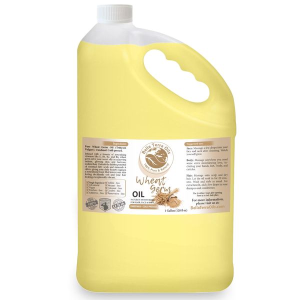 Bella Terra Oils Pure Wheat Germ Oil – 1gallon, High Vitamin E Content, Rich in Nutrients, Hair Shine Enhancer, Skin Radiance