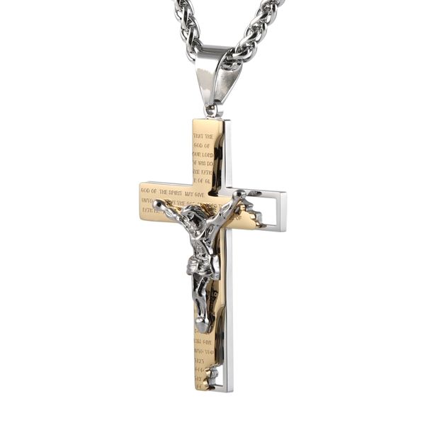 HZMAN Men's Stainless Steel Cross Crucifix Bible Prayer Pendant Necklace 22+2" Chain Gold