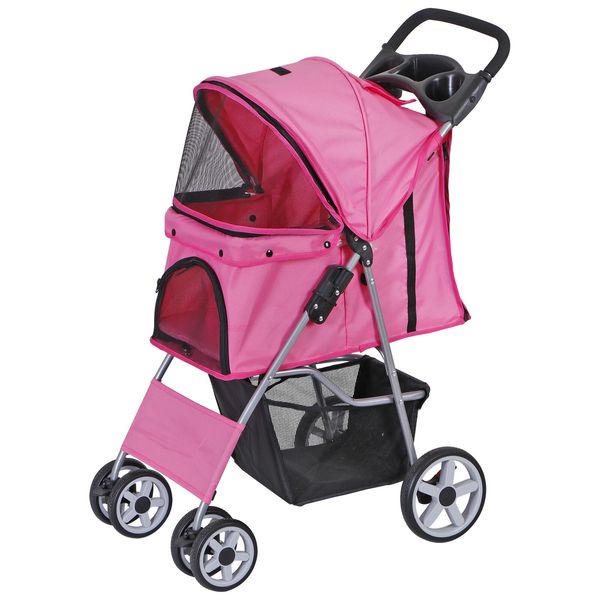 Pet Travel Carriage 4 Wheeler Dog Stroller Foldable Carrier Cart Cup Holder Pink