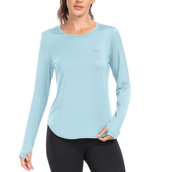 SPF Shirts for Women Long Sleeve Workout Tops UPF 50+ Hiking Shirts Sun Protection Clothing Travel Sun Shirt HH2307 Light Blue M