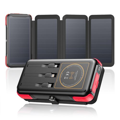 SOARAISE Solar Charger 25000mAh Wireless Portable Charger, 20W Fast Charging Power Bank with Built-in 3 Cables, PD QC 3.0 Phone Battery Pack with 4 Solar Panels & Flashlights for Camping (Red)