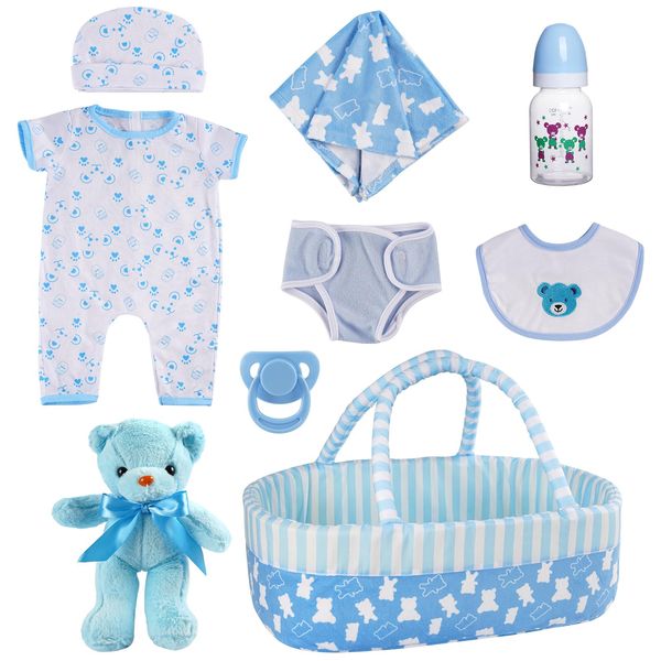 BABESIDE 9 Pcs Reborn Baby Doll Clothes Set for 17-22 Inch Dolls, Baby Dolls Clothes Accessories with Baby Doll Bassinet Doll Bottle and Doll Pacifier for Realistic Newborn Baby Dolls, Blue