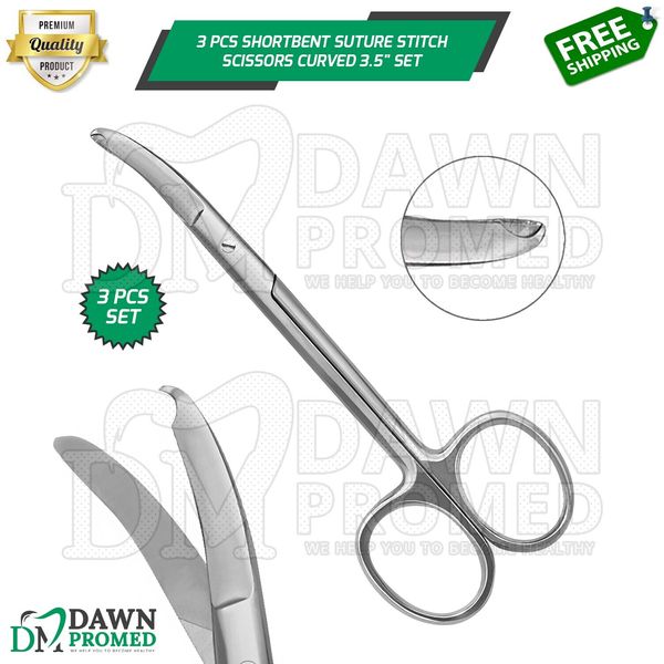 3 Pcs Shortbent Suture Stitch Scissors Curved 3.5" Medical Veterinary Set