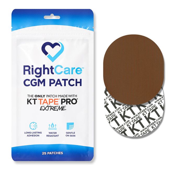 RightCare CGM Adhesive Patch made with KT Tape, Universal, Mocha, Bag of 25