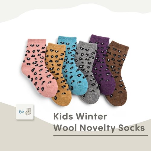 Lollisy Toddler Girls Winter Wool Socks Kids Cartoon Warm Socks Thick Thermal Socks for Girls 6 Pack Leopard Size 4-6 Years