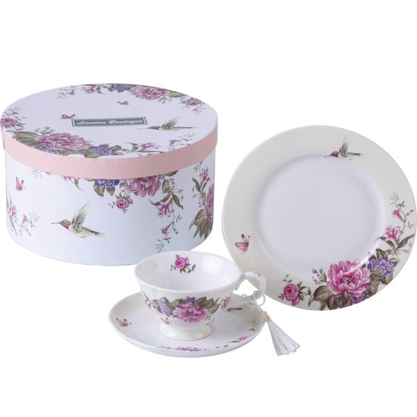 Coffee Tea cup and Saucer 7.5" Dessert Plate set 3 Shabby Chic Vintage porcelain Bird Butterfly Floral Gift Box (Cream/Beige)