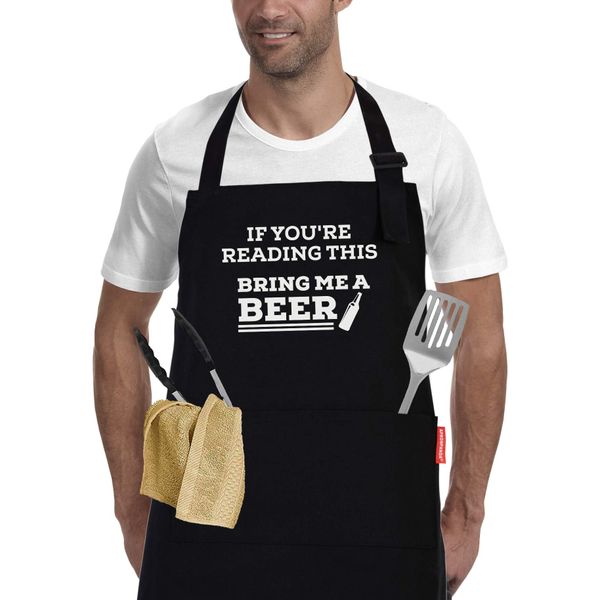 APRONPANDA If You're Reading This Bring Me A Beer, Adjustable Barbecue Cotton Aprons for Men, Funny Gifts for Dad Husband Boyfriend, Birthday Gifts for Men