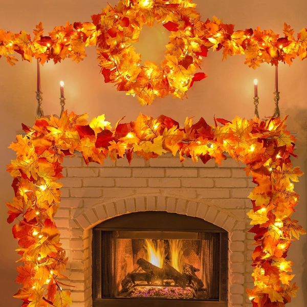 2 Pack Fall Decor for Home Thanksgiving Decorations Lighted Fall Garland Maple Leaves Total 11.8FT 40 LED Battery Operated Indoor Outdoor String Lights Garland Autumn Harvest Party Halloween Décor