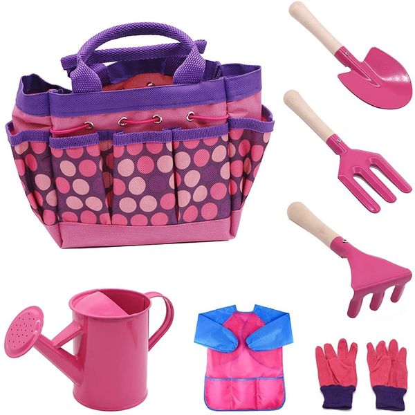 STORMSHOPPING Pink Kids Gardening Tool Set for Toddler, Childrens Garden Tool Set for Girl, Set of Watering Can, Gloves, Trowel, Shovel, Rake, Garden Bag and Kids Smock