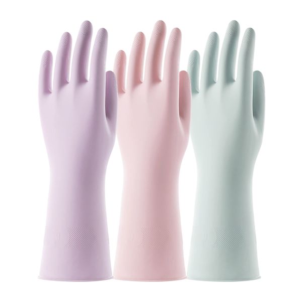 COOLJOB Rubber Cleaning Gloves, 3 Pairs Reusable Scented Household Gloves, Non-Slip Waterproof Latex Gloves for Kitchen, Dishwashing, Laundry, Pink, Green, Purple (3 Pairs M)