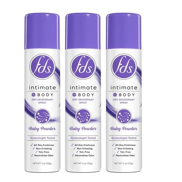 FDS Intimate + Body Dry Feminine Deodorant Spray, Baby Powder, 3 Pack