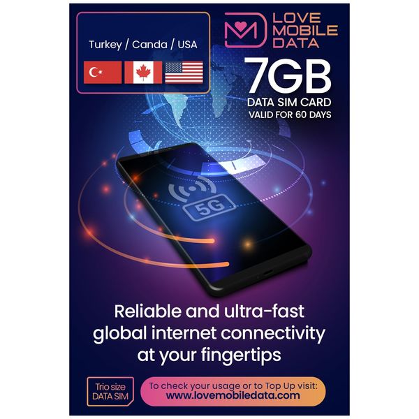 Love Mobile Data Only Sim Card - International Multi-Network 4G/5G Prepaid Pay As You Go Data Sim for Mobile Phones, WiFi Routers, & More, Turkey, Canada & USA Coverage, 7GB for 60 Days