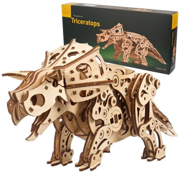 UGEARS Wooden 3D Puzzles for Adults - Triceratops Dinosaur Puzzle DIY Craft Kits for Adults Mechanical Models for Adults to Build - 3D Wooden Dinosaur Automaton Model Kit Wood Puzzles Adult - 400 Pcs