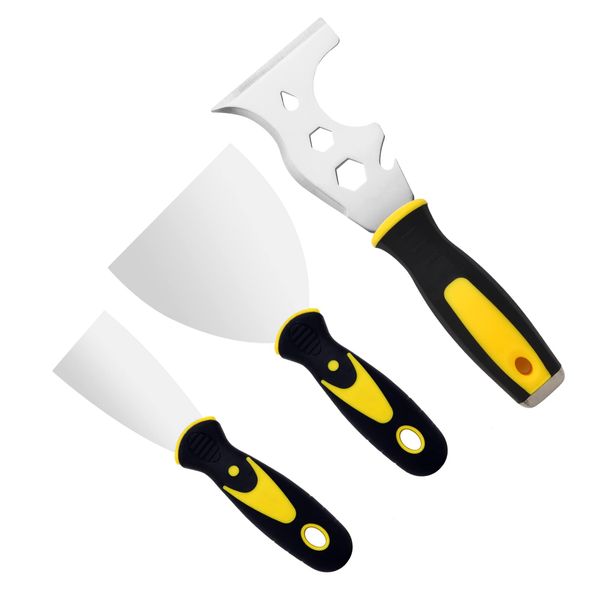 3 Pack Wallpaper Scraper Tool Set 2 Inch 4 Inch Putty Knives Metal Blade Scraper Stainless Steel 15-in-1 Painters Scraper for Decorating Drywall Finishing Plaster Scraping