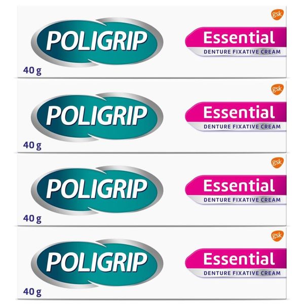 Poligrip Essential Denture Fixative Cream (4 x 40g) Secure Hold, Flavour Free
