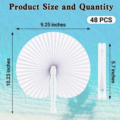 Helimoto 48 Pcs Decorative Folding Fan, White Handheld Fans for DIY Summer Party, Portable Hand Fan Decoration, Plastic Handle for Birthday Party Paper Fan Bulk