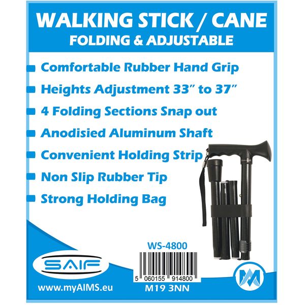 Folding Cane Walking Stick, Flexible and Durable Walking Aid, Collapsible Walking Stick and Mobility Aid, Adjustable from 33-37 inches, Healthcare Sleek Ergonomic & Comfortable Handles