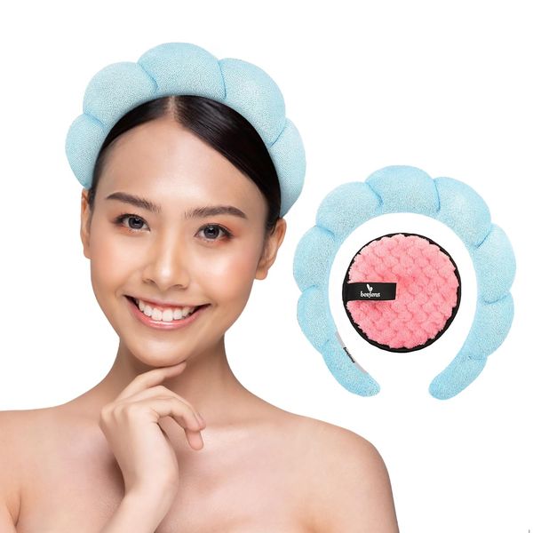 BERIENS, Spa Headband - Make up headband - Spa headband for Washing face - Bubble headband - Makeup headband - Spa Headband for Washing Face with Makeup Remover Pad (BLUE)