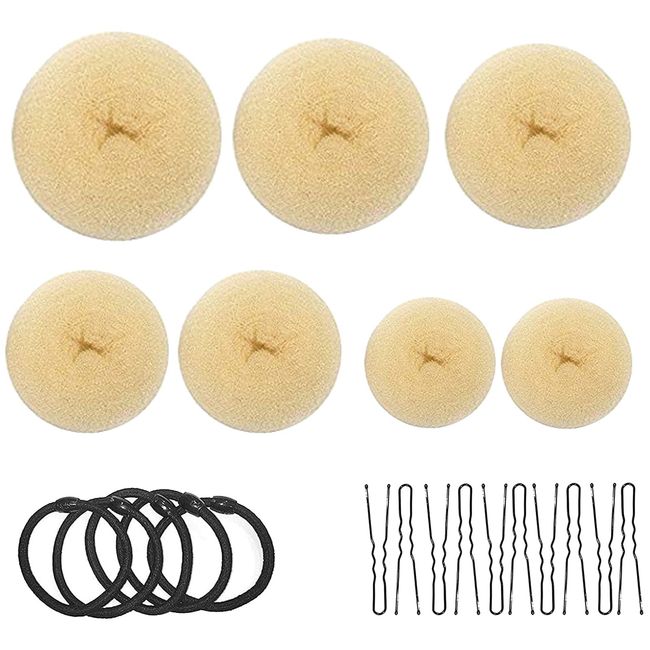 Donut Hair Bun Maker Set 7 Stück - Frisurenhilfe Set mit 5 elastischen Haarband, 10 U-Form Haarspange Haarnadel, Haarknoten Former Set für Kinder Mädchen Frauen (Weiß)