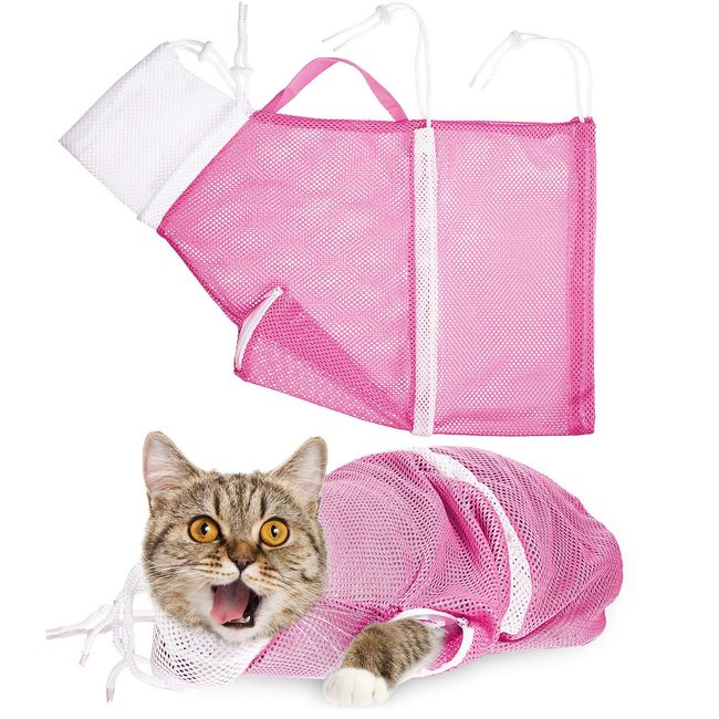 Cat Shower Net Bag Cat Grooming Bathing Bag Adjustable Cat Washing Bag Multifunctional Cat Restraint Bag Prevent Biting Scratching for Bathing, Nail Trimming, Ears Clean, Keeping Calm (Pink)