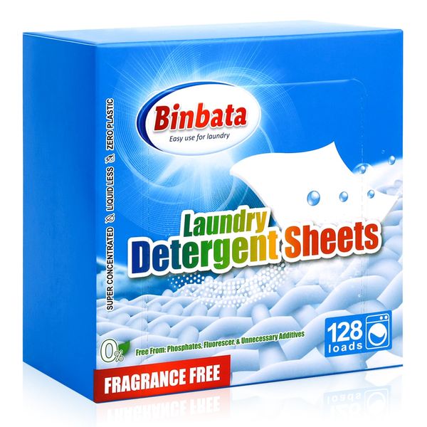 Binbata Laundry Detergent Sheets, Up To 128 Loads Hypoallergenic Eco-Friendly Unscented Biodegradable Plastic Free Liquidless Sheets Suitable for Sensitive Skin