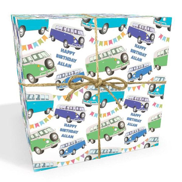 Campervan Personalised Birthday Gift Wrap with 2 Tags - Recyclable