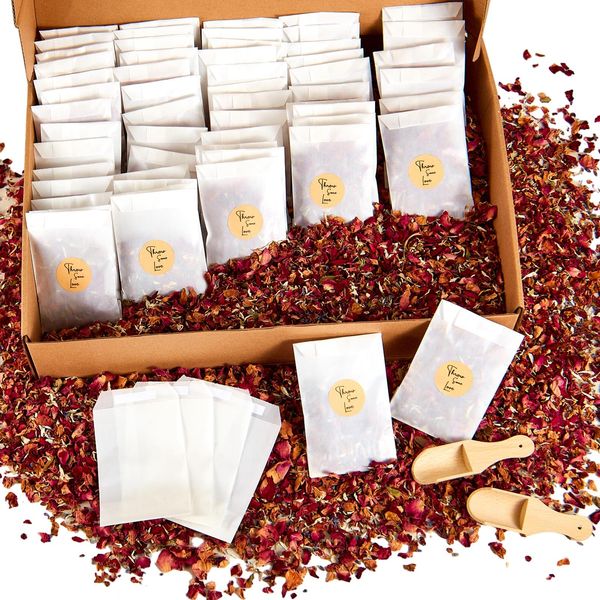 Tenare 100 Sets Wedding Confetti Bags Kit with Display Box for 100 Guests, Includes Glassine Confetti Bags Natural Dried Rose Petals and Stickers Wooden Scoop for Wedding Engagement Anniversary Party