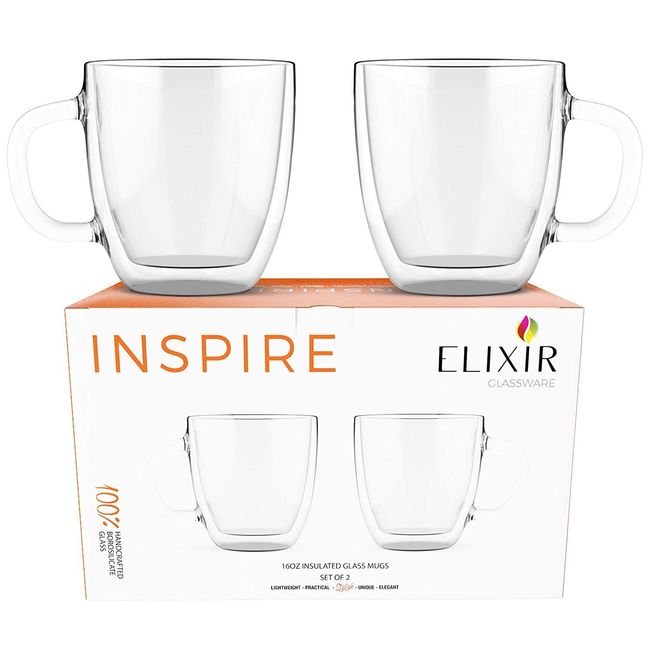 Large Coffee Mug, Double Wall Glass 16 oz - Dishwasher & Microwave Safe - Clear, Unique & Insulated with Handle, by Elixir Glassware