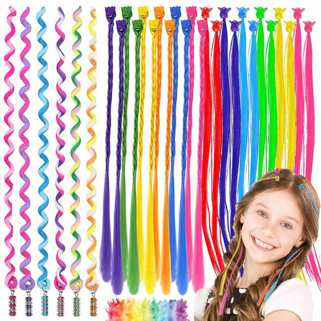 WTpin 30 Stück Bunte Haarsträhnen Kinder, Bunte Haare Zum Einflechten, Bunte Haarverlängerung Clips Haarschmuck, DIY Party Geflochtene Haar, Für Party Festival Deko Geschenke(12 Farben)