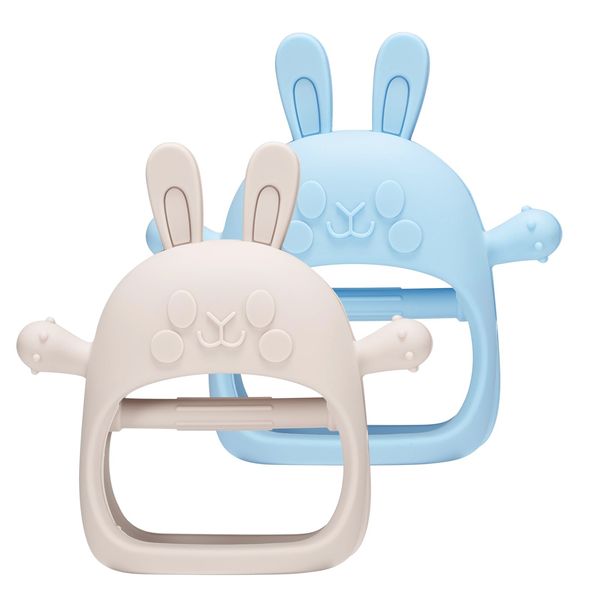 CONKKA 2 Packs of Bunny Teething Teether for Babies under 12 Months, 0-6 Months Baby Teether Relief Teethers Bulit in Food-Grade Sili-cone Mittens for Newborns, Essential Helper for Moms -Blue & White