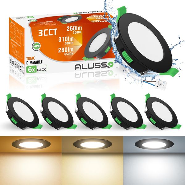 ALUSSO LED Recessed Ceiling Lights 4W,LED Downlight for Ceiling Dimmable,Warm White 3000K Neutral White 4000K Cool White 6500K Adjustable,IP44 Ultra Slim Spotlights for Bathroom Kitchen Bedroom,6 Pack