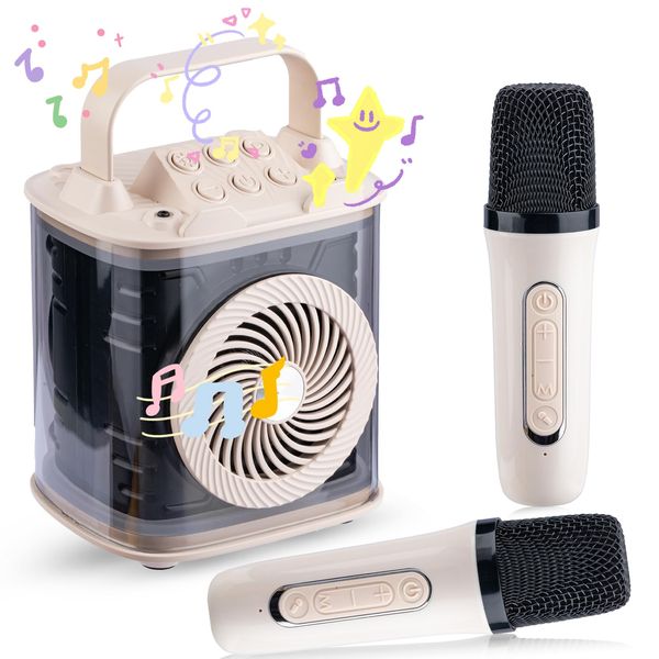 Mini Karaoke Machine for Kids, Kids Microphone with 2 Wireless Microphones,Toys Birthday Gifts for Girls and Boy Ages 4-12+ Years Old Toddler Teens (Beige)