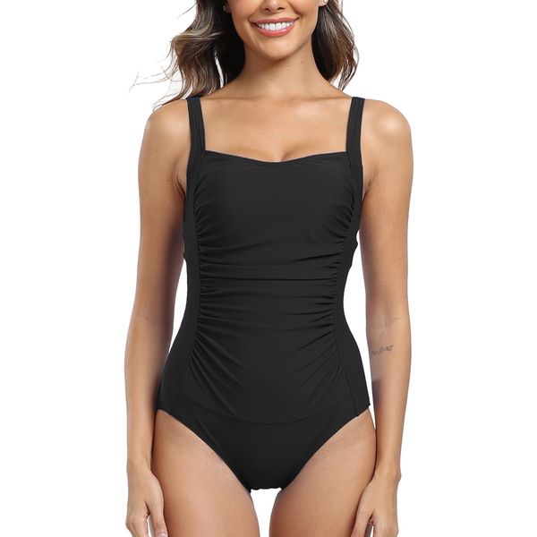 Derssity One Piece Swimsuit Ruched Tummy Control Swimming Costume for Women Plus Size Straight Neck Swimwear Bathing Suit(Black,XL)