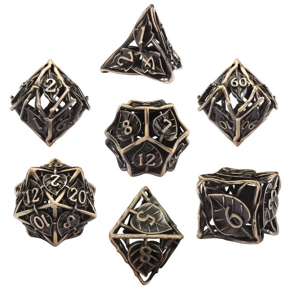 AUSTOR Metal DND Dice Set 7 Pieces Leaf DND Dice Hollow Polyhedral Dice D20 D12 D10 D% D8 D6 D4 Metal Dice with Metal Box for Dungeons & Dragons RPG Board Games (Antique Bronze)