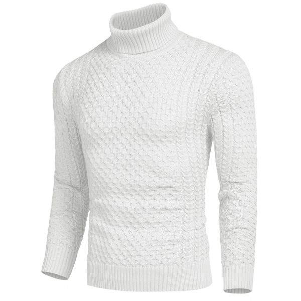 COOFANDY Men's Slim Fit Turtleneck Sweater Casual Knitted Twisted Pullover Solid Sweaters White