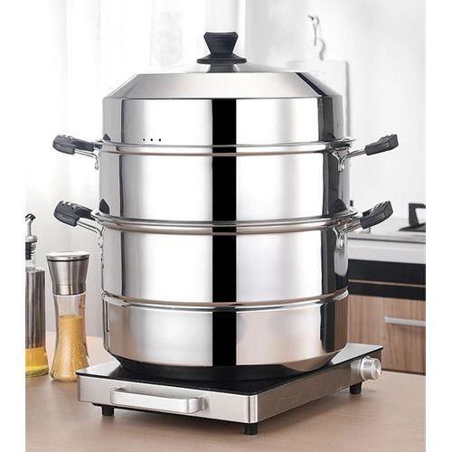 Steamer Pot, Steamer Pot, Stainless Steel Steamer, 2-tier, 3-Tier [11.8 - 15.7 inches (30 - 40 cm)] Double-Handed Pot, 3-Layer Bottom, Deep, Stainless Steel, Resin Processing, Induction Compatible, Various Heat Sources, Multi-Layer, Home Steamer, Commerci